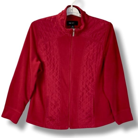Style & Co Women's Jacket Red Fleece Quilted Zip Up Pockets Coat Red Size XL - Picture 2 of 16